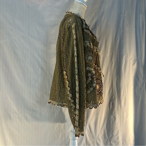 Jessica London Boho Beaded Cardigan Tan & Brown Long Sleeves Cotton Tie Front XL - Picture 6 of 9